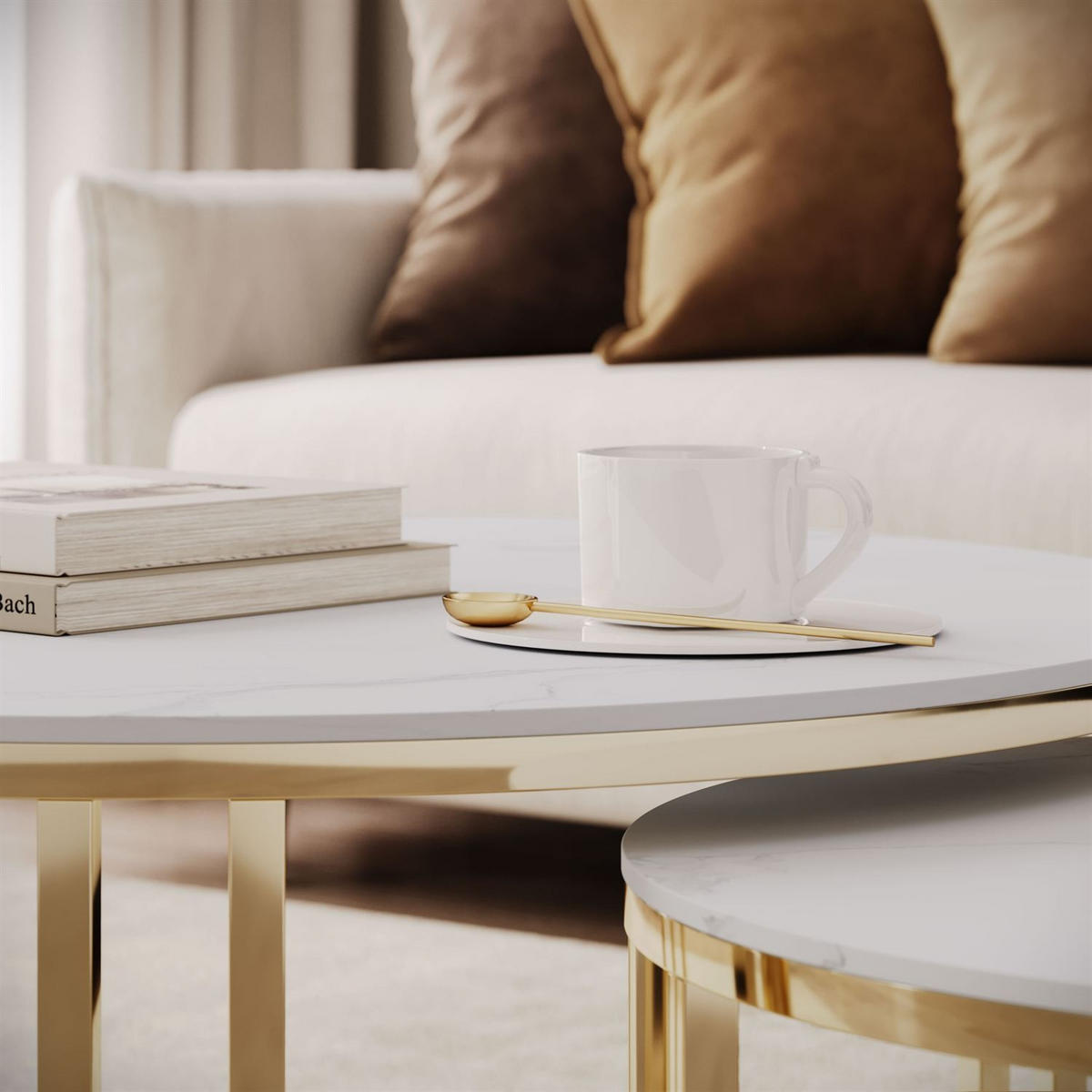COUCHTISCH LIRA 2in1 mit goldenem Gestell und Marmorplatte - Weiß, Metall (80/80/40cm) - Lookway