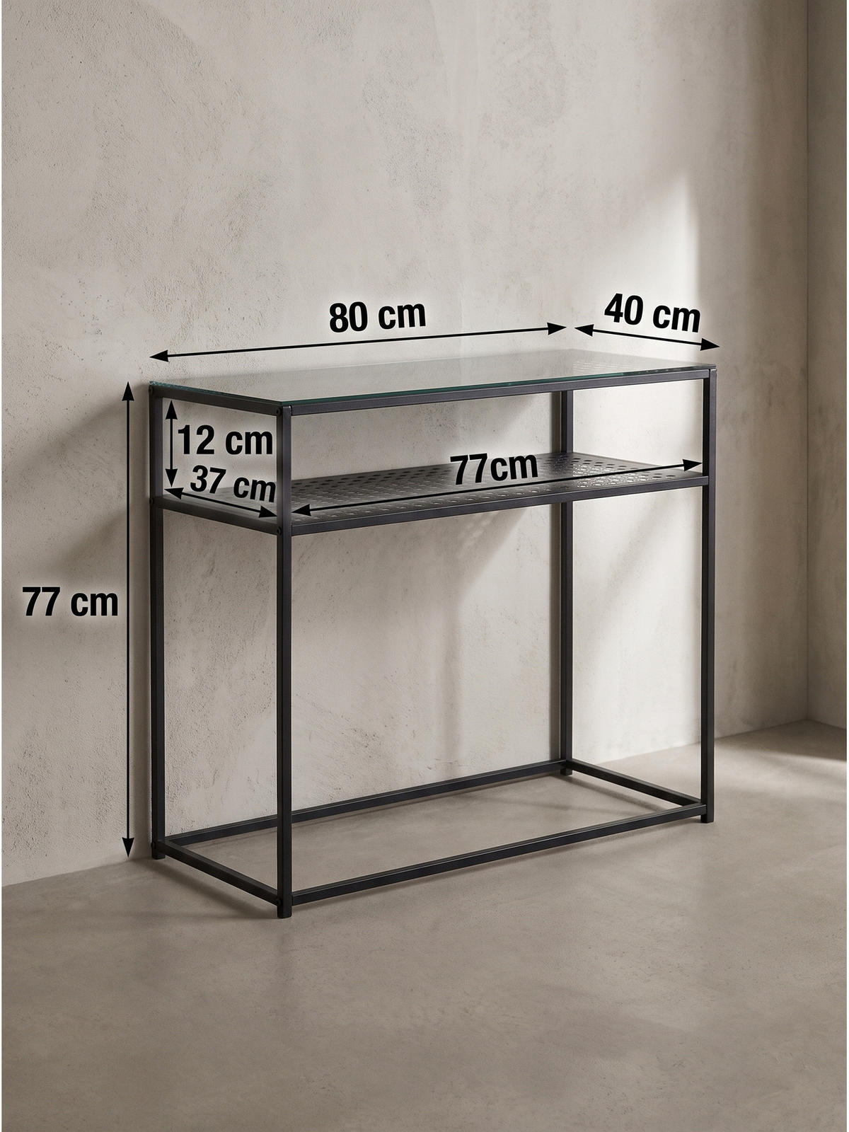 KONSOLENTISCH ALCUDIA, Einscheibensicherheitsglas, Schwarz, 80 x 40 x 77 cm - Schwarz, Glas/Metall (40/80/77cm) - KADIMA DESIGN