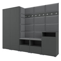 GARDEROBE NELA VIII 250 cm (Modulare Flurmöbel Graphit mit Sitzpolster Dunkelgrau 15 2 Schränke + Sideboard) - Dunkelgrau/Silberfarben, Holz/Holzwerkstoff (250/187/40cm) - Ravio