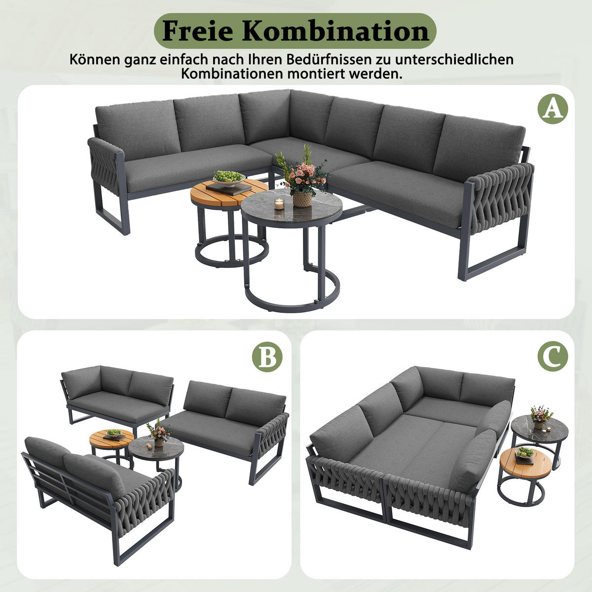LOUNGESET Modular 5-6 Personen Grau Mit Verstellbaren Füßen - Grau, Kunststoff - FLIEKS
