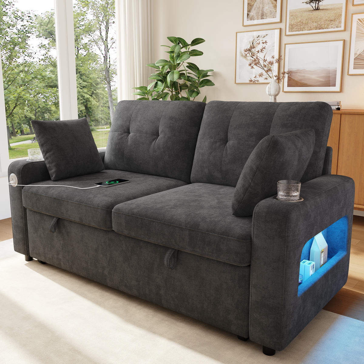 SOFA NA RAZVLAČENJE 2-sjedalo u sivoj boji s funkcijom razvlačenja, chenille - siva/crna, drvni materijal/tekstil (141.5/83.5/131cm) - CHICFURN