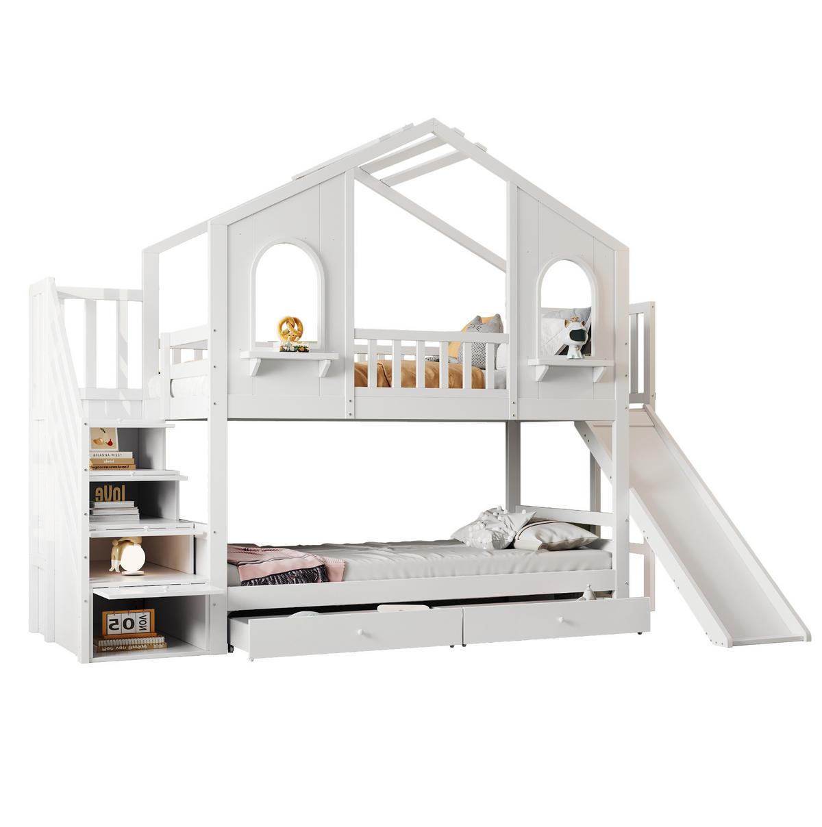 POSCHODOVÁ posteľ 90/200 cm biela s úložným rebríkom, šmykľavkou a zásuvkami z dreva - biela, kompozitné drevo (90/200cm) - OKWISH