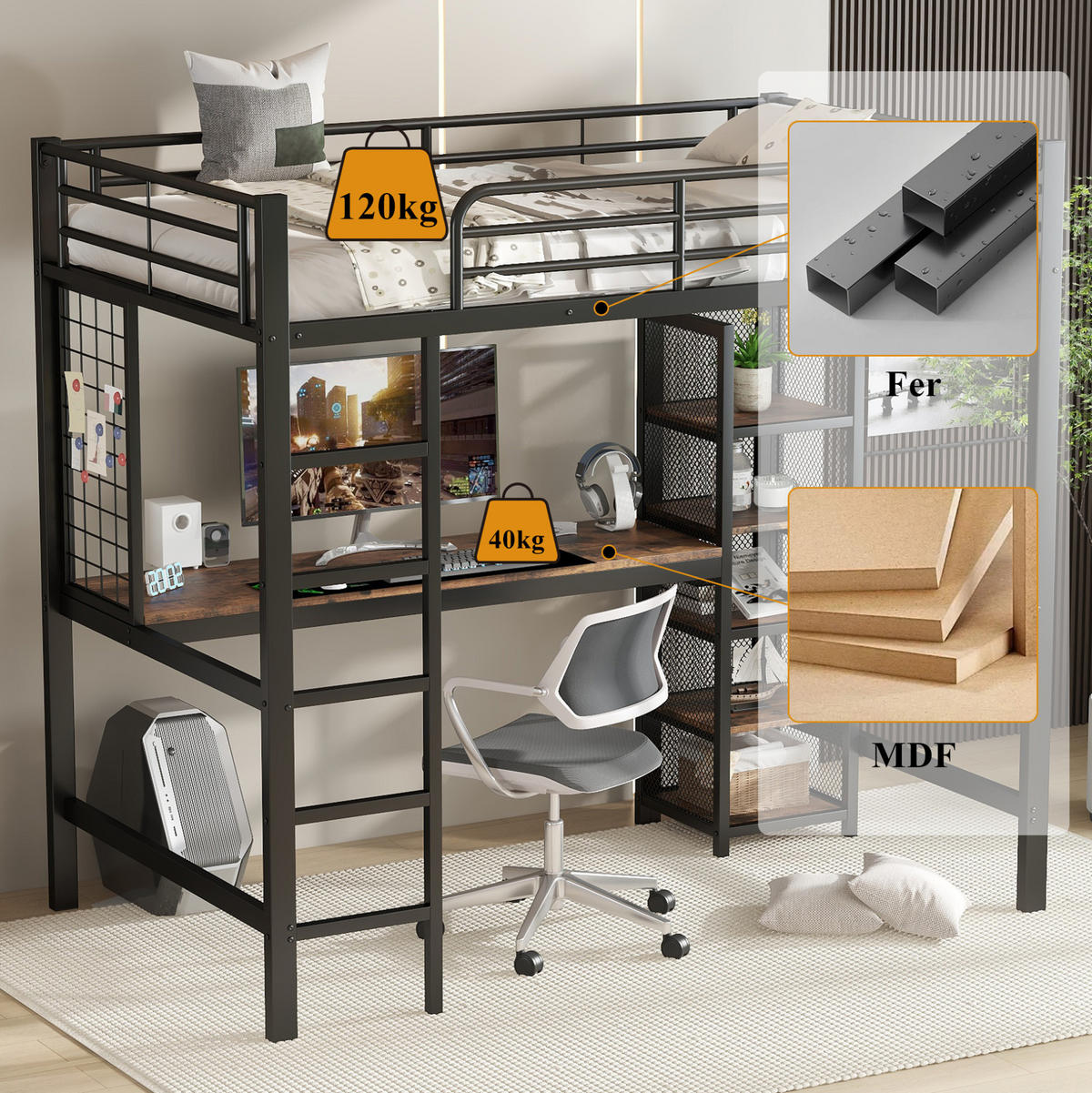 HOCHBETT 90/200 cm in Schwarz/dunkler Holzfarbe mit Tisch und Regalfächern, ohne Matratze - Schwarz, Metall (90/200cm) - MIVRAY