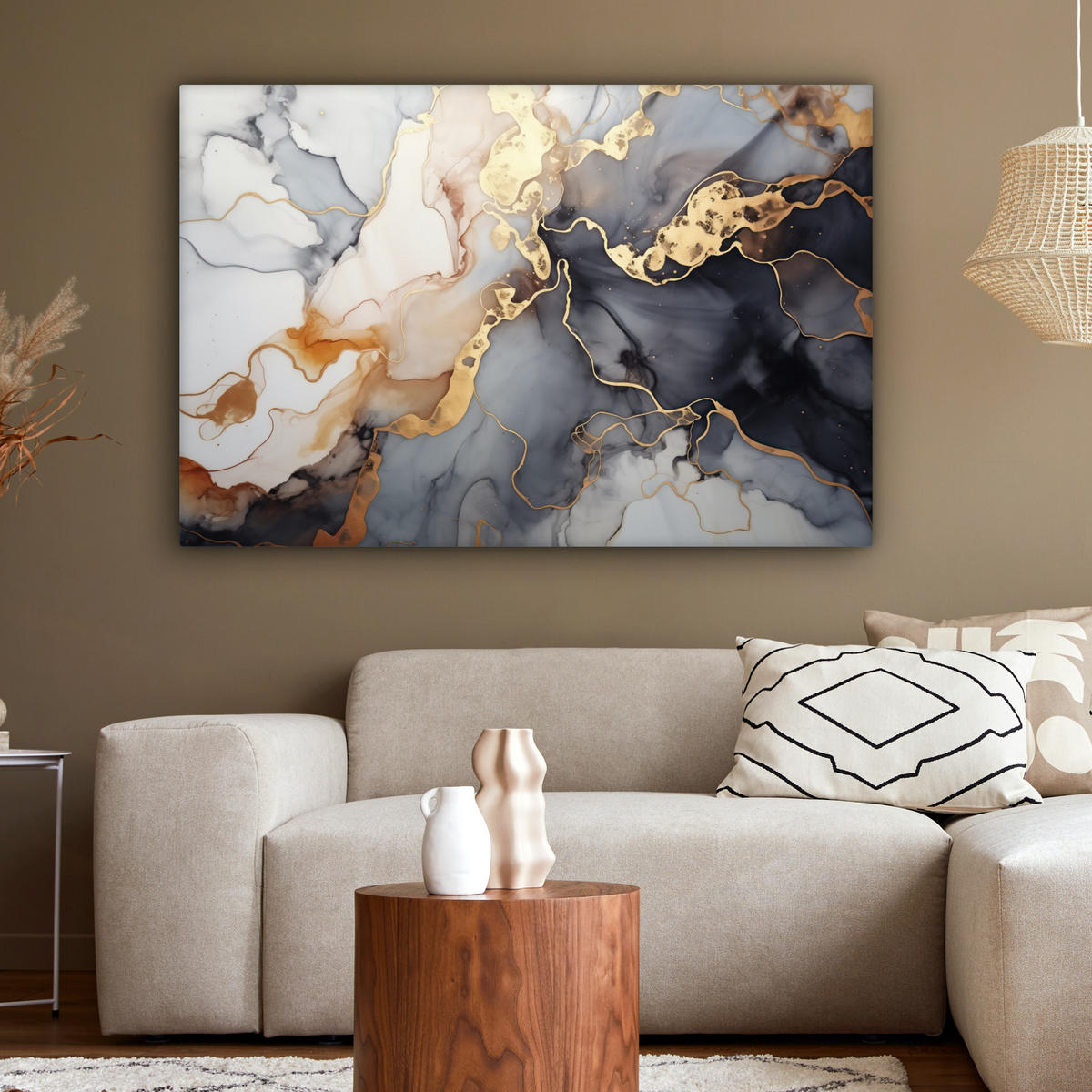 LEINWANDBILD Marmor - Schwarz - Gold - Weiß 150x100 cm - Dunkelgrau, Textil (150/100cm) - MuchoWow