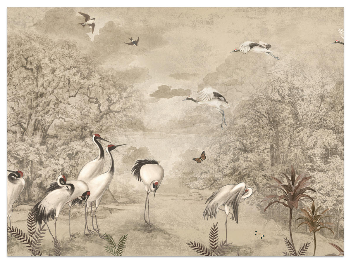 FOTOTAPETE für Schlafzimmer Retro Kraniche Wald Bäume Vögel 350x256 - Beige/Rot, Papier (350/256cm) - Muralo