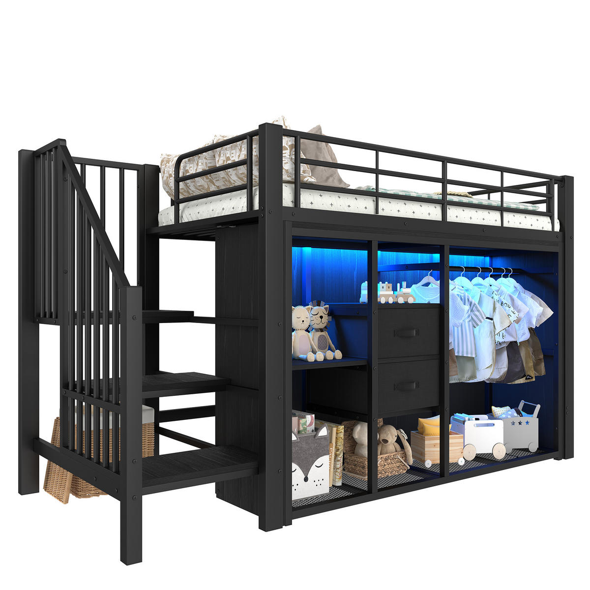 HOCHBETT 90/200 cm Schwarz mit 2 Schubladen und mehrfarbiger LED-Beleuchtung - Schwarz, Metall (90/200cm) - OKWISH