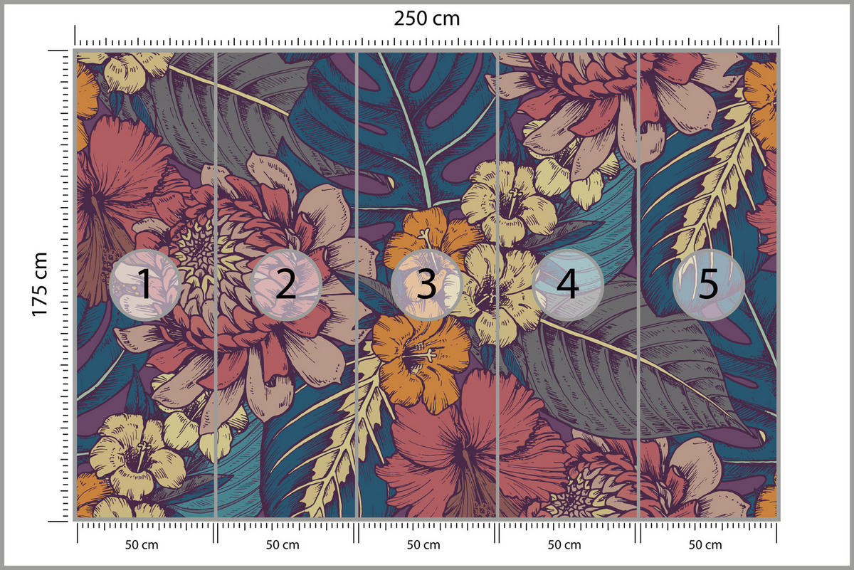 FOTOTAPETE für Schlafzimmer Retro Bunte Blätter Blumen Pflanzen 250x175 - Türkis/Blau, Papier (250/175cm) - Muralo