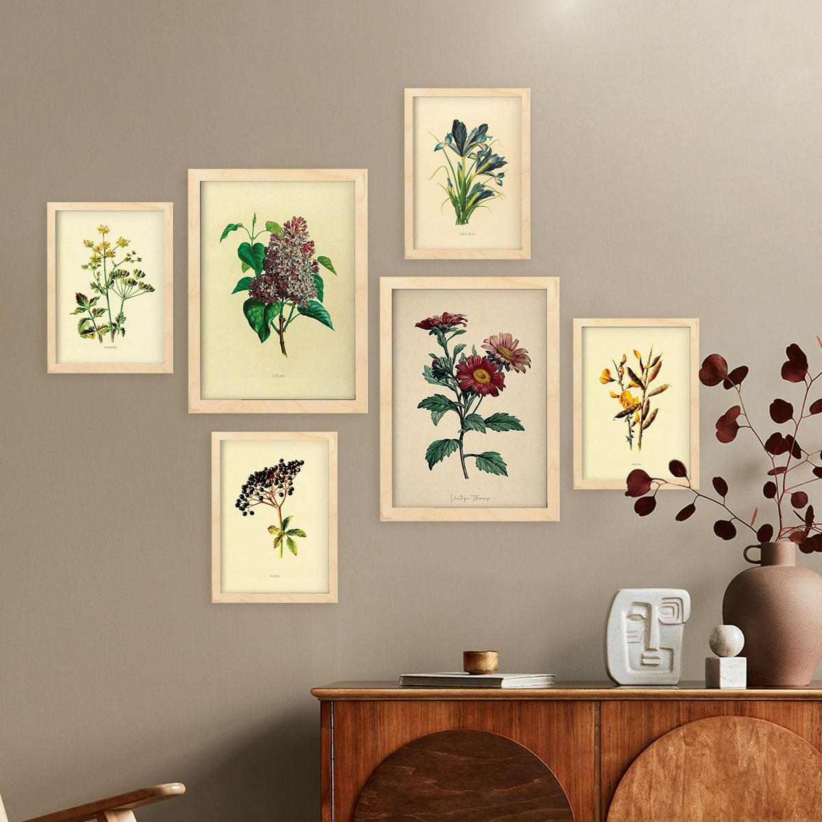 POSTER Set Mit 6 Dunkle Blumen In Vintage A3 & A4 Rahmen Aus Hellem Holz - Beige, Papier (29/3cm) - Nacnic