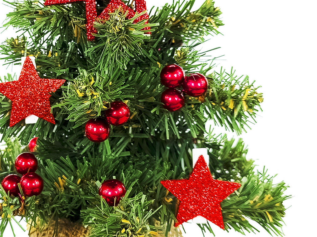 WEIHNACHTSBAUM künstlicher 25 cm, TINY 6, mit 24-teiligem Weihnachtsbaumschmuck, inkl. Metallständer und Aufbewahrungsbox - Rot/Grün, Kunststoff/Stein (18/25cm) - LAALU