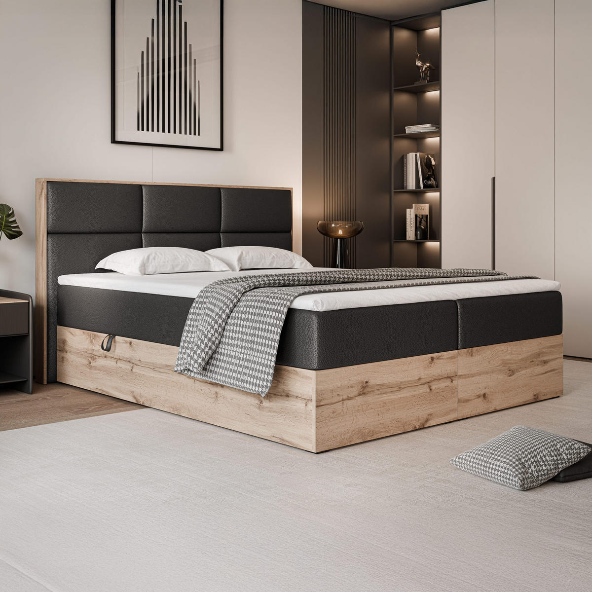 BOXBETT LAVIO 160/200 cm, in Schwarz, mit Matratze und Topper - Schwarz, Holzwerkstoff/Textil (160/200cm) - Idohome
