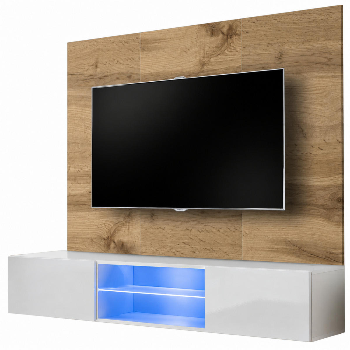 TV-LOWBOARD Eiche Wotan und weiß 180 cm hängend, Set inklusive LED-Beleuchtung - Eiche Wotan/Weiß, Glas/Holzwerkstoff (180/148/40cm) - Inn.Furn