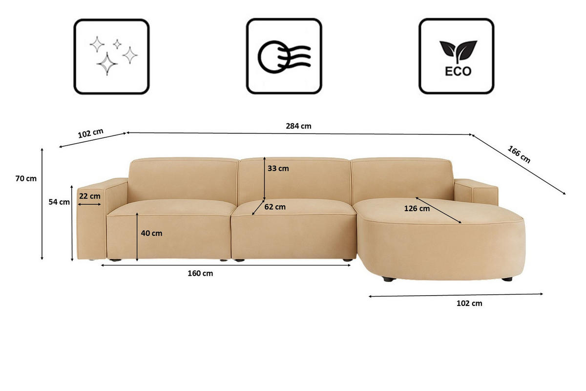 ECKSOFA Cursal Round L-Form, Stoff Salvador, Beige, Rechts - Beige, Holz (284/166cm) - Kaiser Möbel