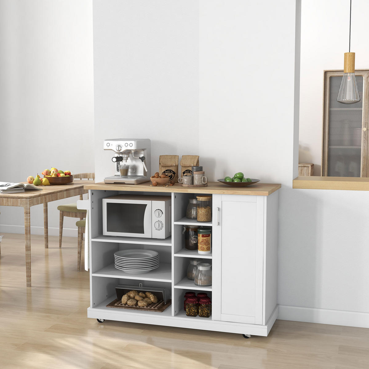 KÜCHENINSEL DE-11069 7 offene Fächer Weiß/Holz - Weiß, Holzwerkstoff (129/93/51cm) - ComfortXL