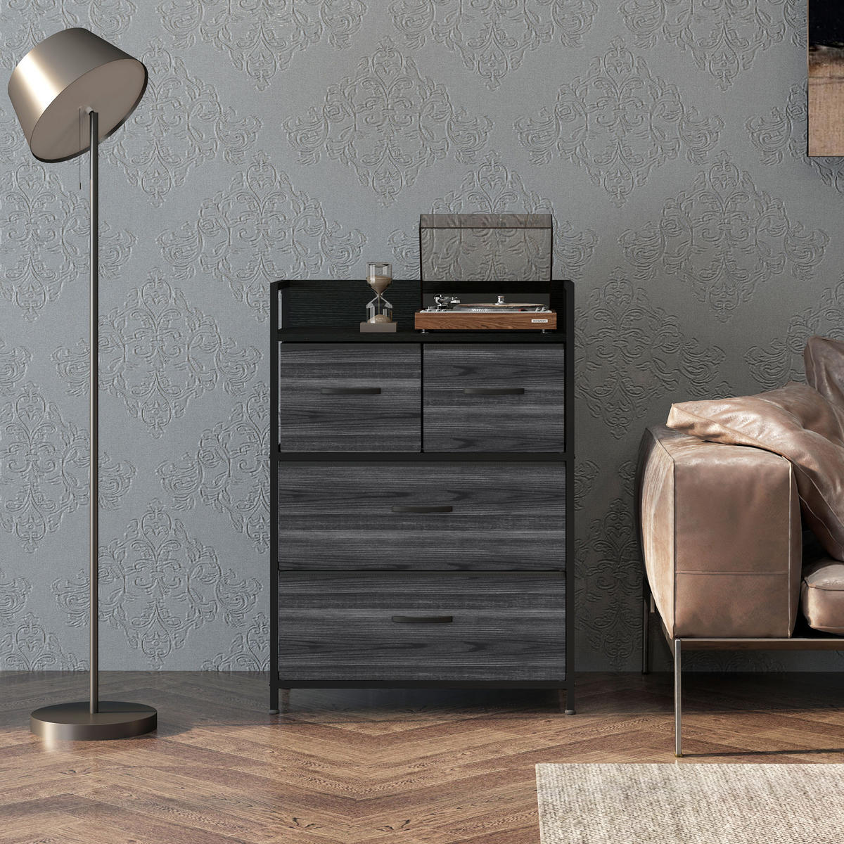 KOMMODE, Sideboard mit 4 Faltbaren Schubladen aus Stoff, Regal und Griff Schwarz - Schwarz, Textil/Metall (29/85/60cm) - HOMCOM