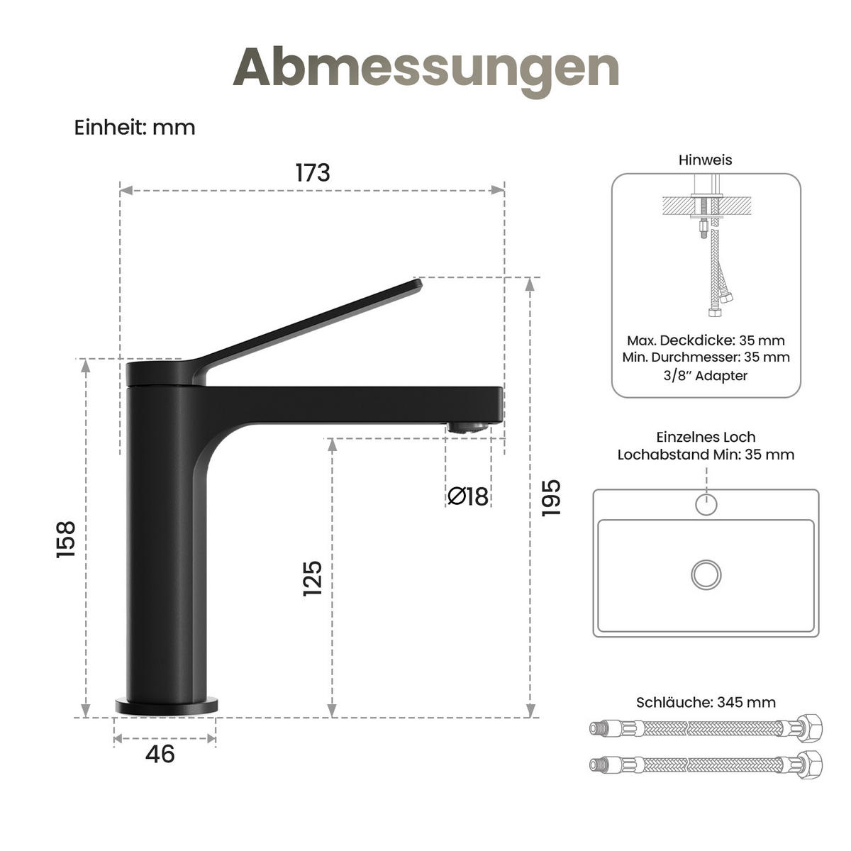 WASCHTISCHARMATUR mit Spulen-Zertifiziertem Filterelement Schwarz Matt - Schwarz, Metall (17.3/4.6/19.5cm) - EMKE