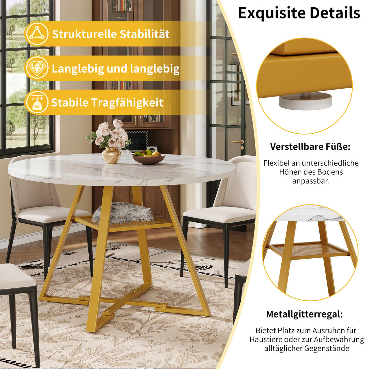 RUNDER Esstisch, MDF in Marmoroptik mit Metallgestell & Ablageregal, Ø 120/75 cm, Weiß - Weiß, Holzwerkstoff (120/120/75cm) - Redom