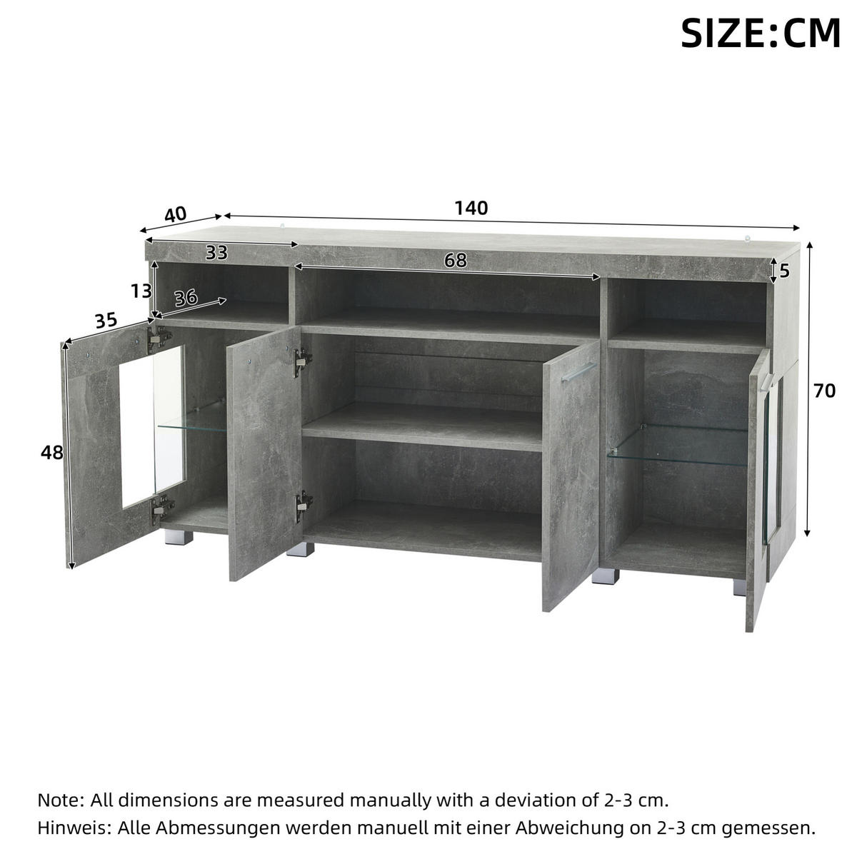 SIDEBOARD 140/40/70 cm zementgrau aus MDF mit LED und Glastüren - Grau, Holzwerkstoff (140/70/40cm) - OKWISH