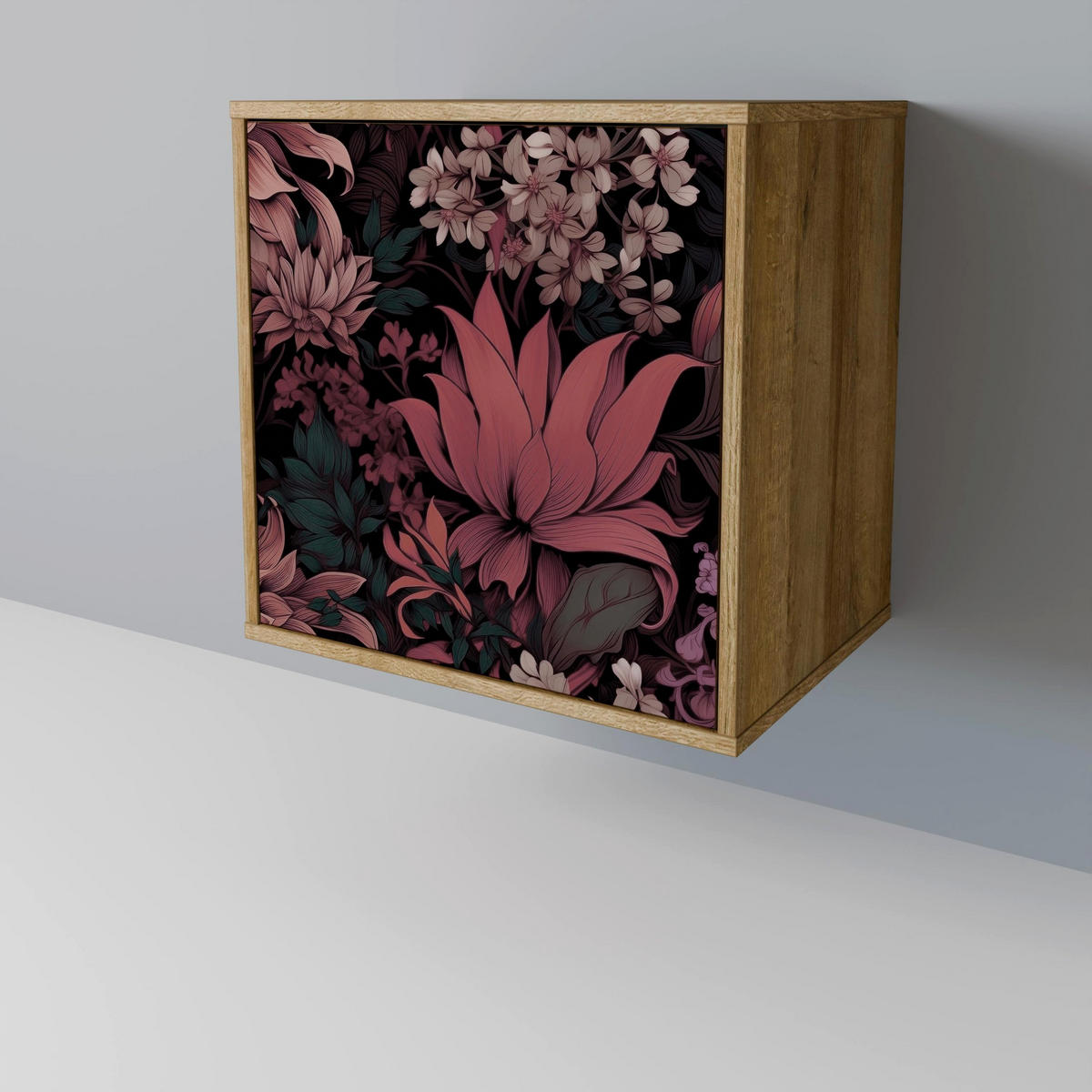 SIDEBOARD FLORAL WHISPER, Eichefarben, 57,5x42x70,5 cm, Schwarze Metall-Sternfüße - Eichefarben/Multicolor, Holzwerkstoff/Metall (57.5/70.5/42cm) - SpaceRebels
