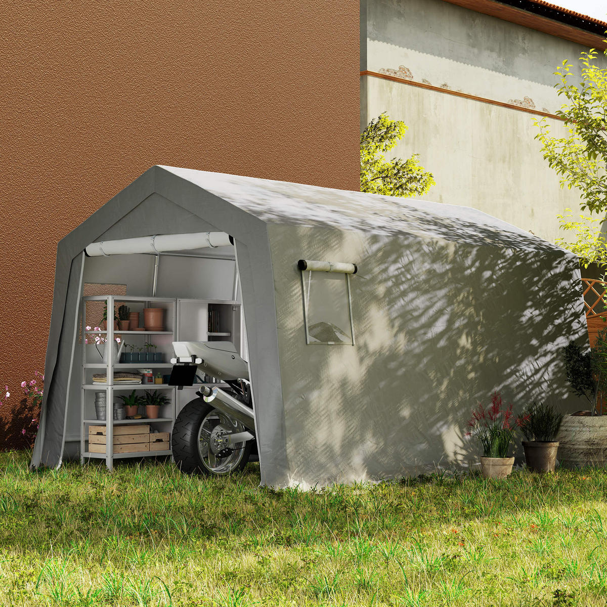 GERÄTEHAUS mit Satteldach und Türen - Hellgrau, Metall (300/255/447cm) - Outsunny