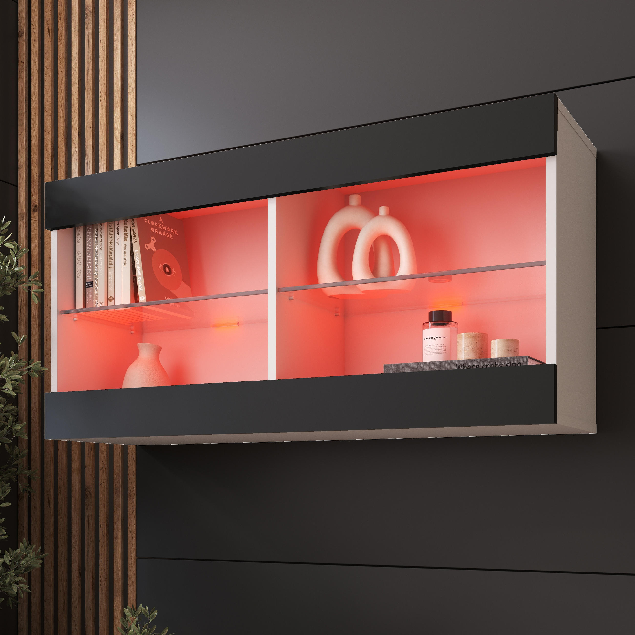 HÄNGEVITRINE TIVOLI HORIZONTAL 100, Schwarz, LED Mehrfarbige - Schwarz/Weiß, Glas/Holzwerkstoff (100/50/29.5cm) - Komodee