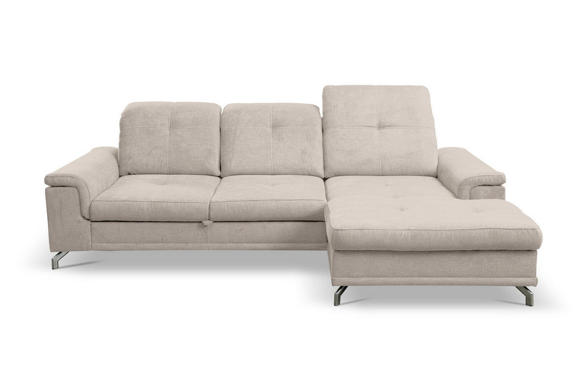 ECKSOFA PANAMA mit Schlaffunktion und Bettkasten, Farbe: Beige, Velourstoff, Ottomane Rechts - Beige, Textil (270/180cm) - VENASI MÖBEL