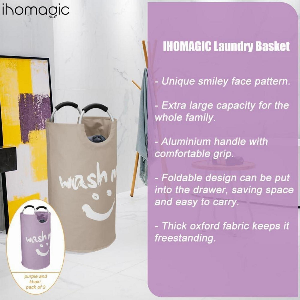 WÄSCHESAMMLER 2-teiliges Set 95L faltbar Violett/Khaki - Multicolor, Textil (39/79/39cm)