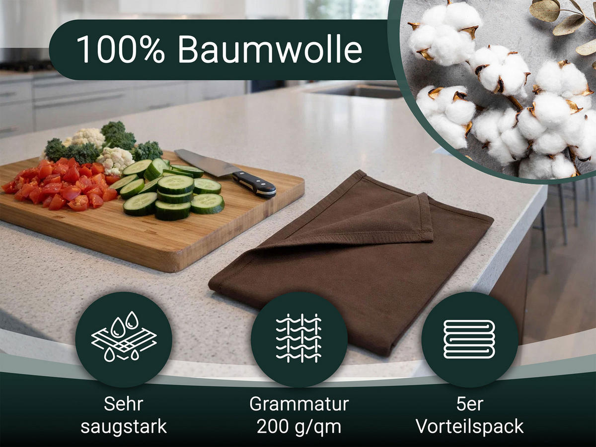 GESCHIRRTÜCHER, 5er-Set, 50x70 cm, 100% Baumwolle - Braun, Textil (50/70cm) - Zollner