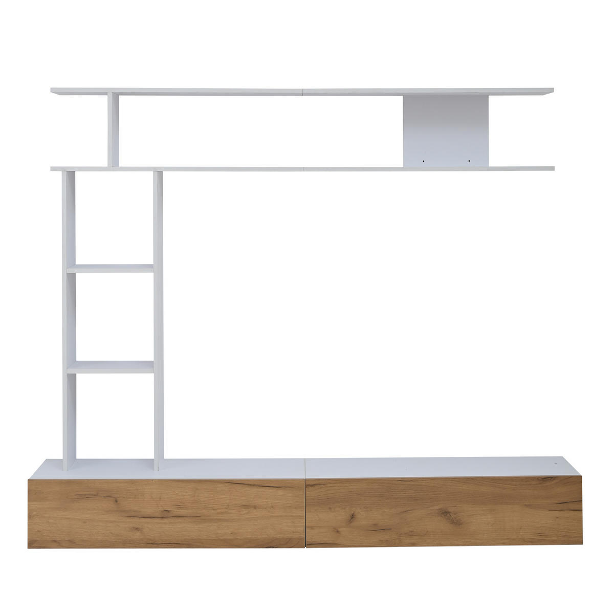 TV-WOHNWAND aus Spanplatte 180x35x22,5 cm Weiß/Eichefarben mit Stand- und Hängefunktion, 2 Türen und offenen Regalen - Weiß, Holzwerkstoff (180/150/35cm) - Modfu