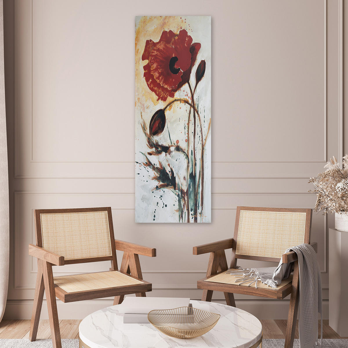 WANDBILD gemalte mohnblume - Rot, Textil (30/90cm) - Feeby