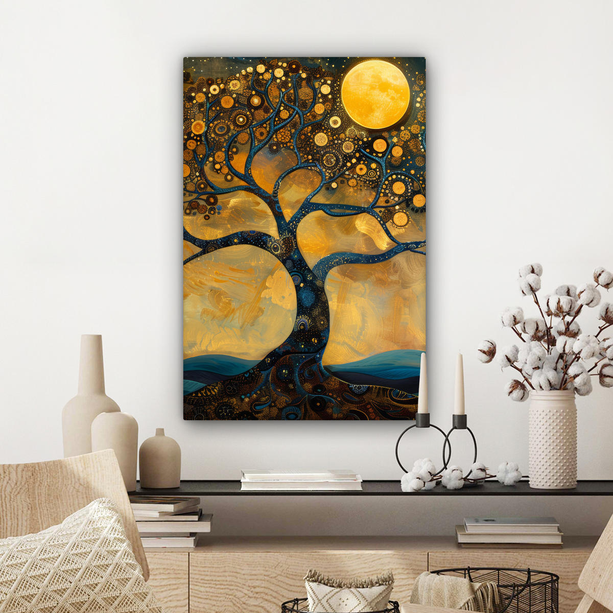 LEINWANDBILD Baum - Mond - Blumen - Gold - Kunst 60x90 cm - Orange, Textil (60/90cm) - MuchoWow