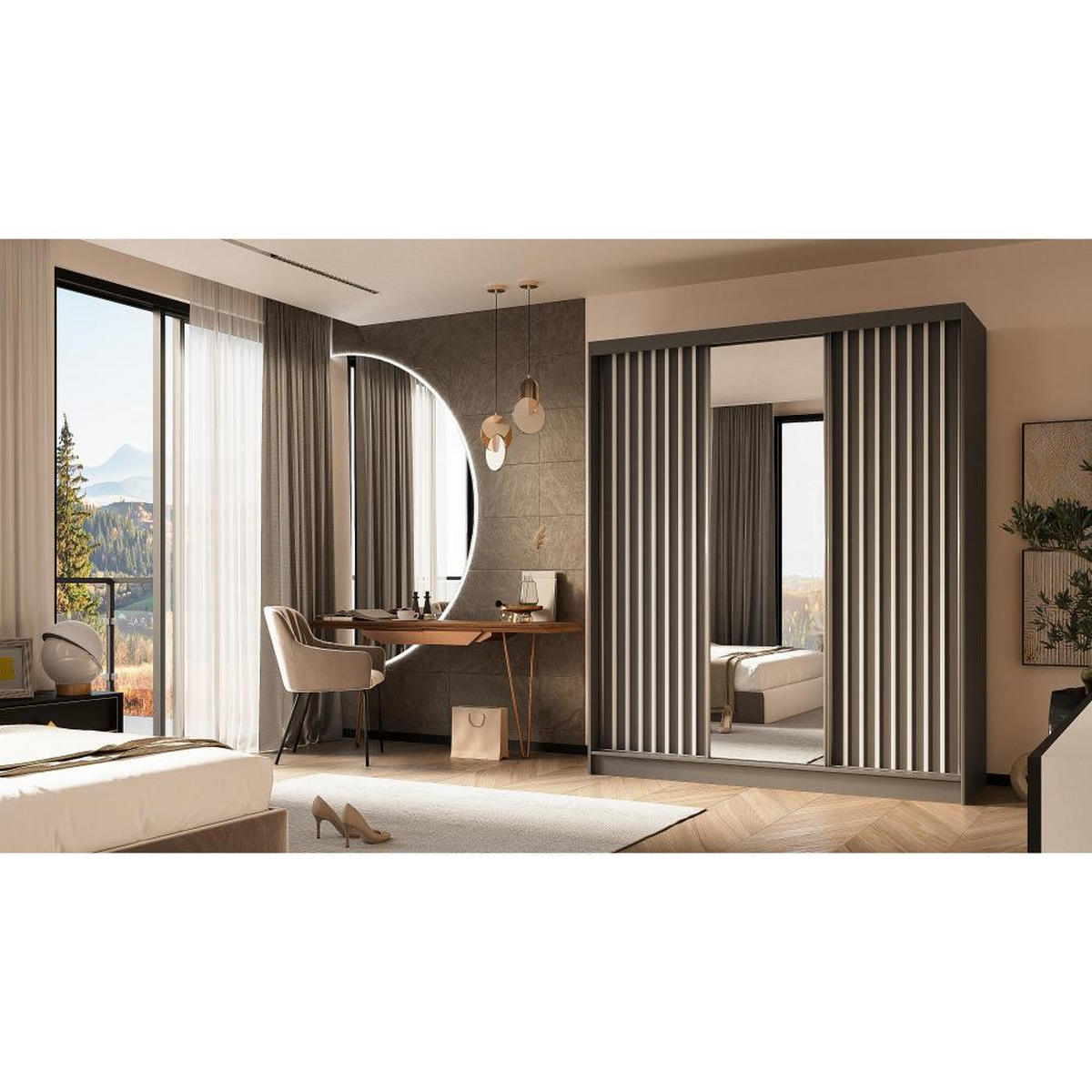 SCHWEBETÜRENSCHRANK Helix 180/216/61 grau+weiß mit Schubladeneinsatz - Weiß/Grau, Holzwerkstoff (180/216/61cm) - Beautysofa