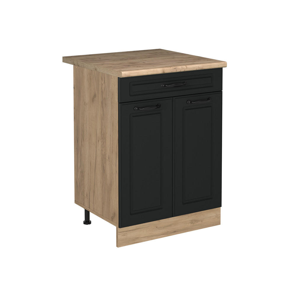 KÖKSUNDERSKÅP R-Line, Antracit hus på landet/Goldkraft ek, 60 cm med låda Auksinis ąžuolas stalviršis Antracit, Honungsek 81.6/60/60 cm