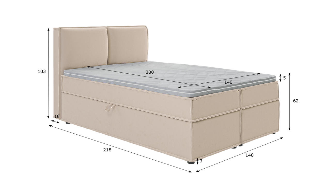 BOXBETT Eclipse 140/200 cm Beige Luxusmicrofaser - Beige/Schwarz, Holz/Kunststoff (140/200cm) - S-Style Möbel