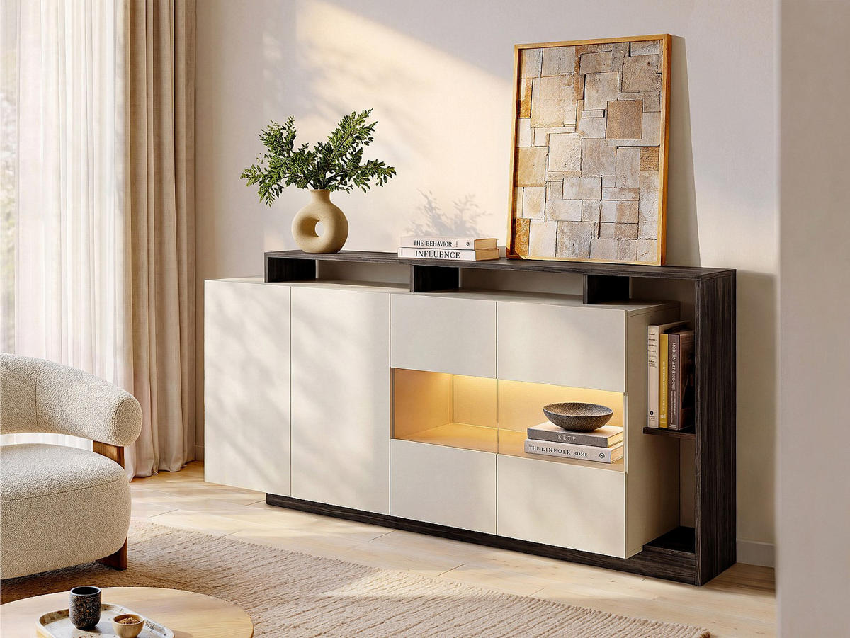 SIDEBOARD - 200 cm x 43.6 cm - Holz, Platte, Glas - Naturfarben Dunkel, Beige IDESIA - Beige/Naturfarben, Glas/Holz (200/92.8/43cm) - Vente-Unique