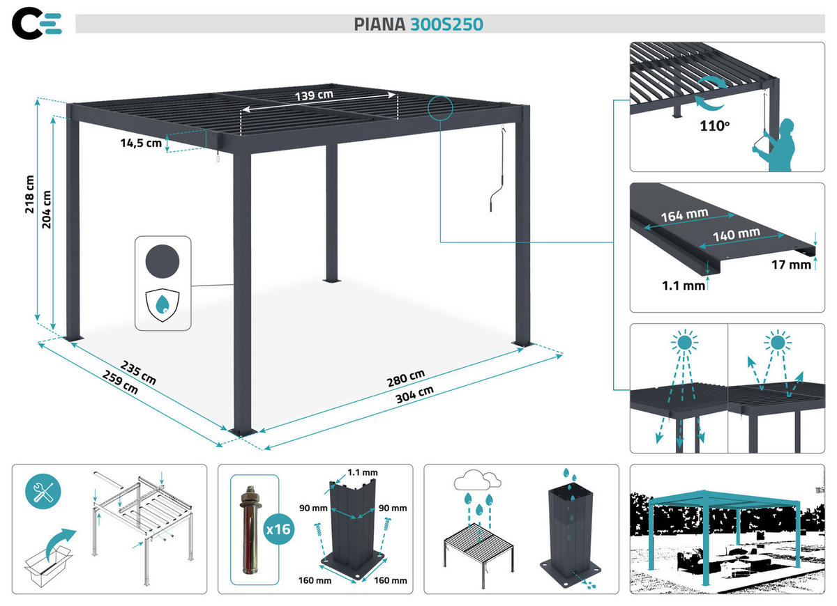 PERGOLA BIOKLIMATISCHE SELBSTTRAGENDE Piana grauem 3m x 2,5m - Grau, Metall (259/218/259cm) - Cazeboo