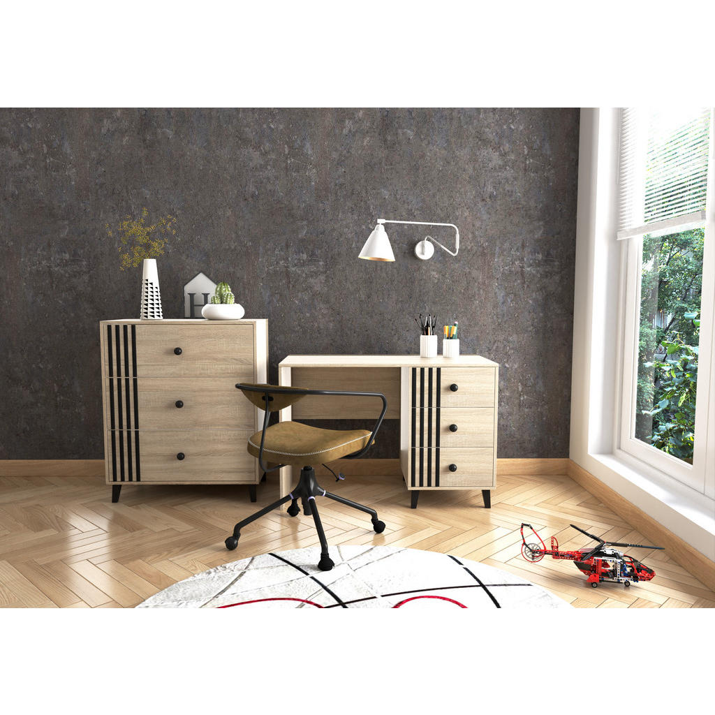 Thumbnail - Möblo Schreibtisch, Sonoma Eiche, Holzwerkstoff, 3 Schubladen, Rechteckig, 110x75x56 cm, Arbeitszimmer, Schreibtische, B...
