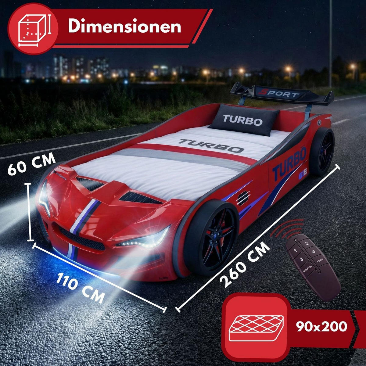 AUTOBETT GTE mit Rollrost, Licht und Sound Farbe Rot - Rot, Holzwerkstoff (90/200cm) - Coemo