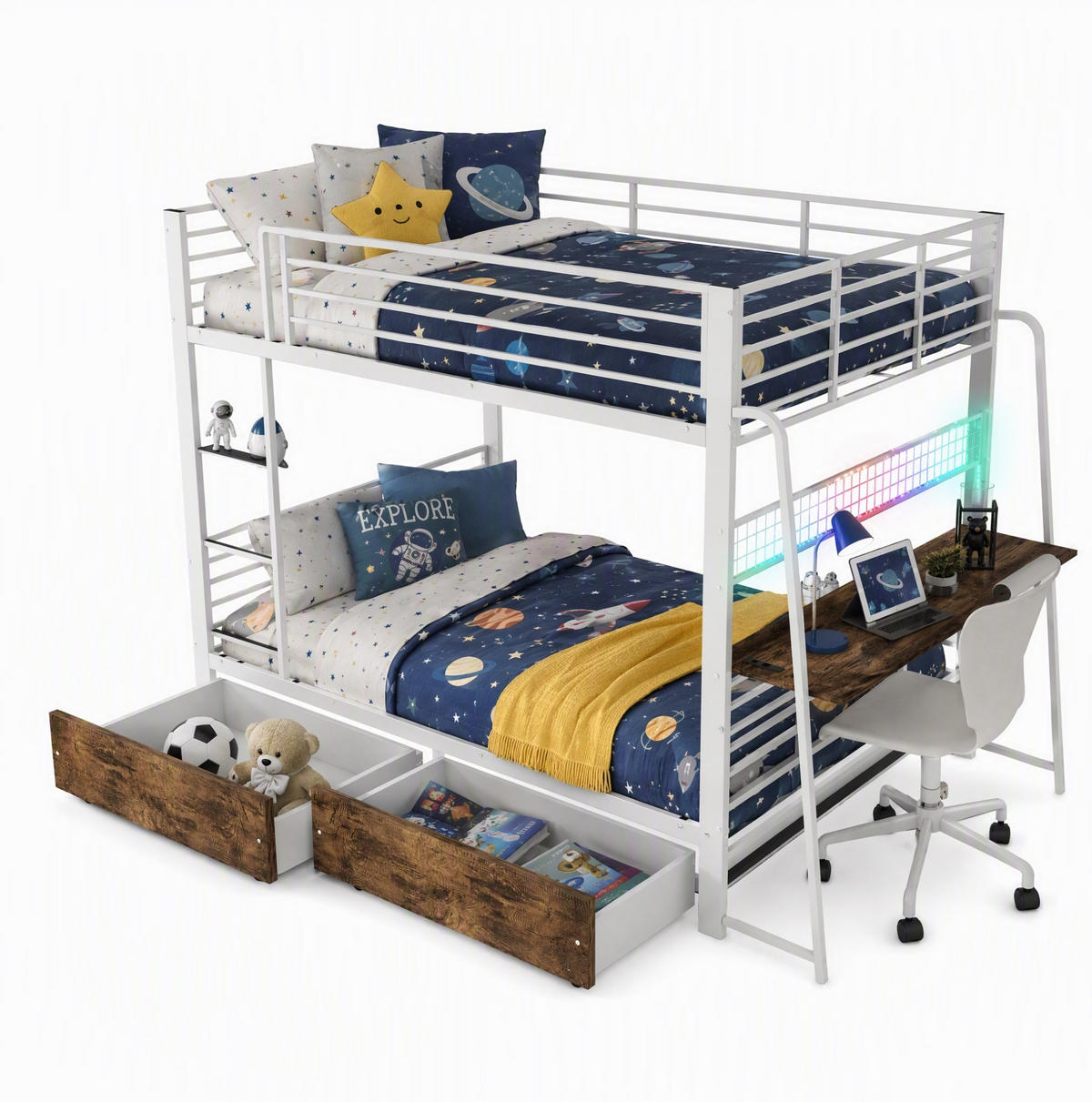 HOCHBETT aus Metall und MDF 140x200 cm Mattweiß mit Schreibtisch, RGB-LED, Steckdosenleiste und Schubladen - Weiß, Holzwerkstoff (140/200cm) - Modfu