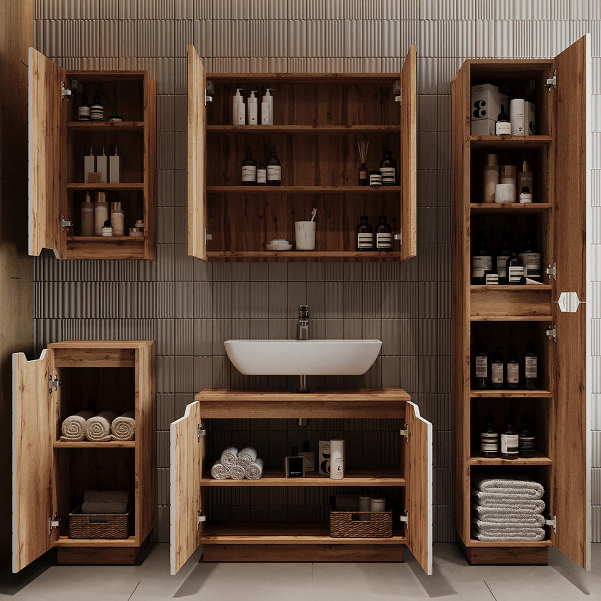 WASCHBECKENUNTERSCHRANK Lotta Eiche/Weiß mit Kachelstruktur 79.6 x 62.1 cm mit 2 Türen - Eichefarben/Weiß, Holzwerkstoff (79.6/62.1/32cm) - Vicco