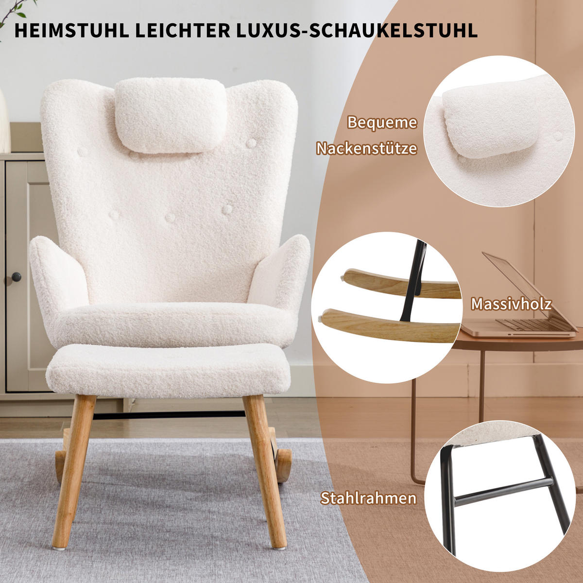 SCHAUKELSTUHL Teddyplüsch Weiß mit Fußstütze Nackenkissen - Weiß, Textil (65/94/82cm) - FLIEKS