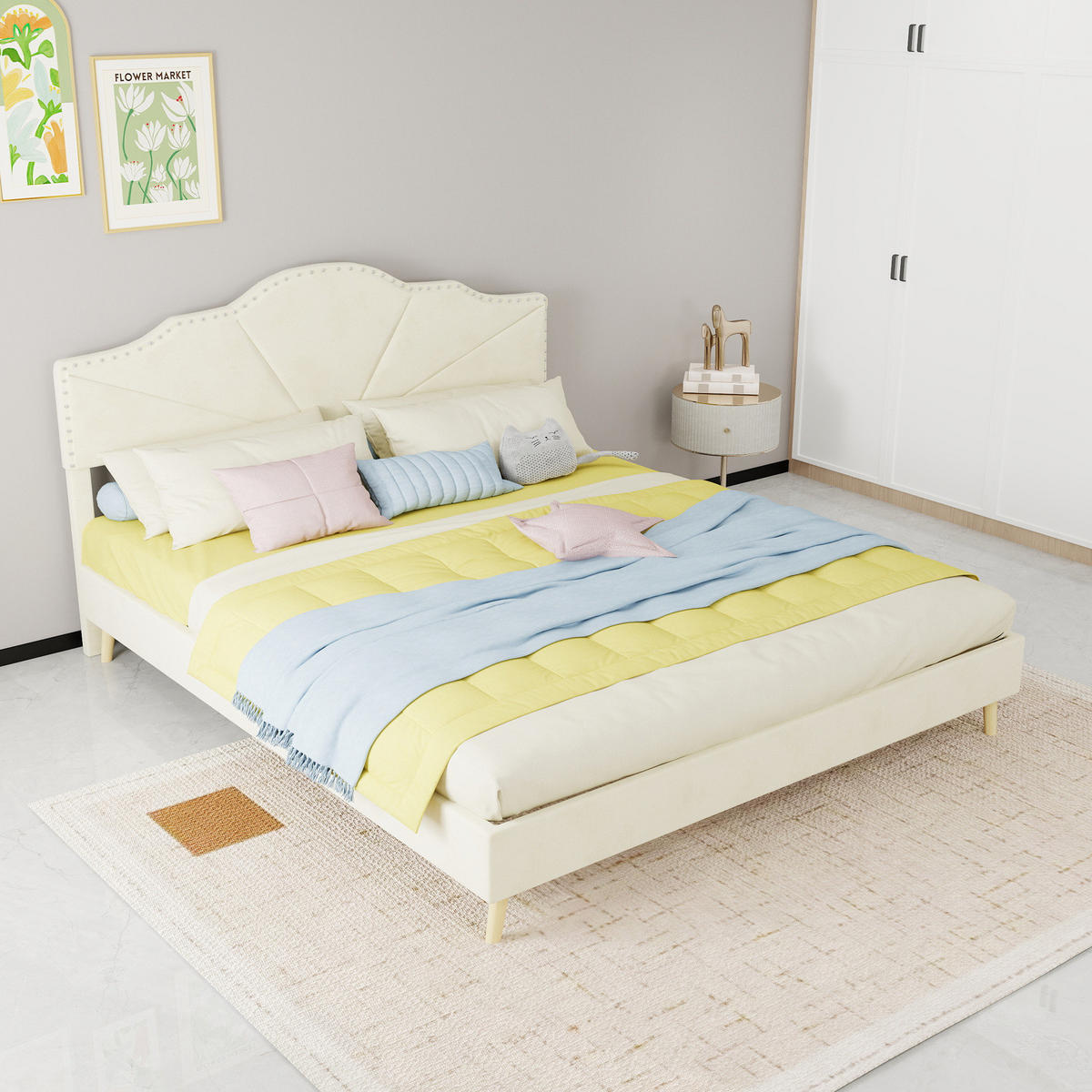 POLSTERBETT 160/200 cm mit Matratze, geometrischem Kopfteil und Lattenrost, Beige - Beige, Textil (160/200cm) - Redom