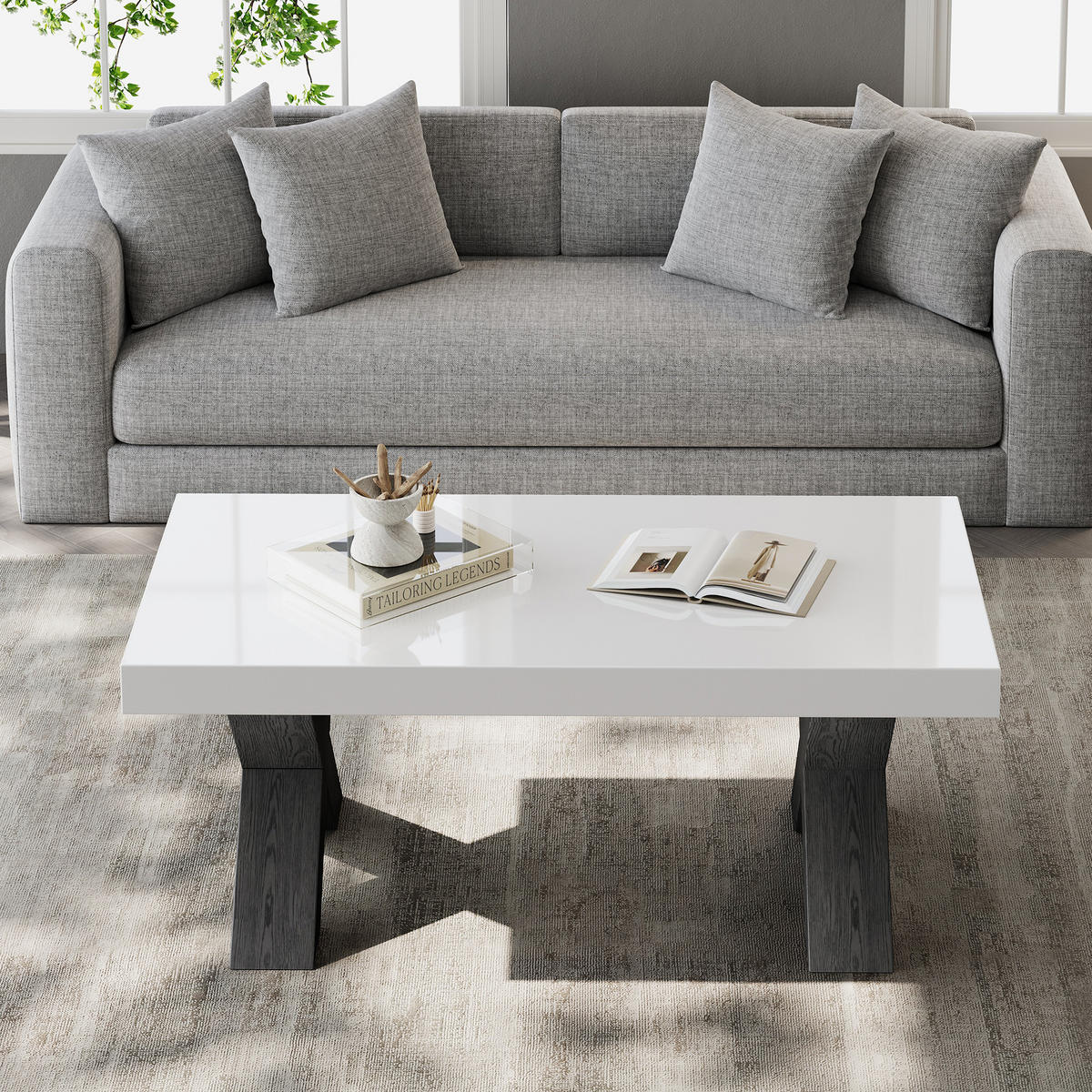 COUCHTISCH DE-37148 mit X-förmigen Beinen und Hochglanzplatte Weiß - Schwarz/Weiß, Holzwerkstoff (100/50/40cm) - ComfortXL