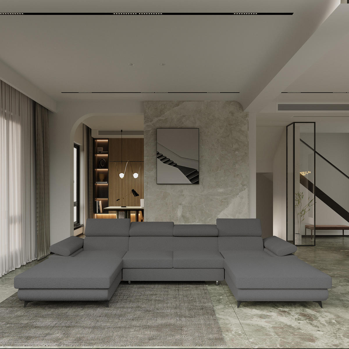 ROHOVÁ SEDAČKA DETTI šedá - šedá/černá, kov/dřevo (339/190cm) - MASSENO