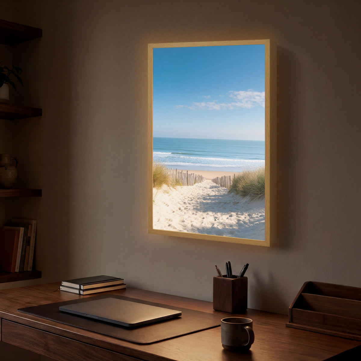 NÁSTĚNNÁ LAMPA S AKUMULÁTOREM Pláž - moře - duny - písek - léto 40x60 cm - písková barva, kompozitní dřevo (40/60/8cm) - OnlyWow