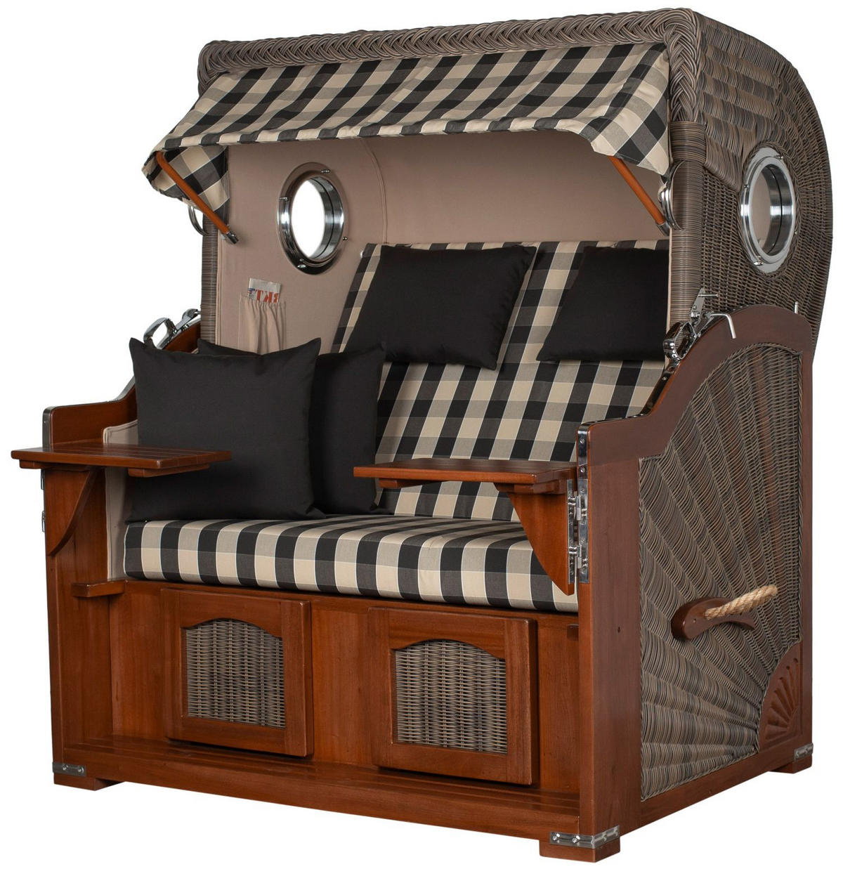 STRANDKORB Komplettset: Ammersee Grande XL Mahagoni Bullauge - PE grau - Modell 505 - Beige/Anthrazit, Holz/Kunststoff (142/165/95cm) - bene living