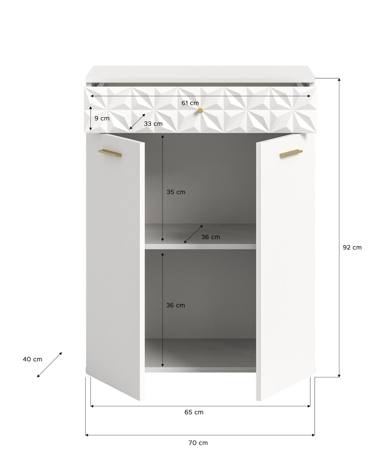 KOMMODE weiß Hochglanz 70 cm, Sideboard mit 3D-Struktur - Weiß Hochglanz/Goldfarben, Holzwerkstoff/Kunststoff (70/92/40cm) - Inn.Furn