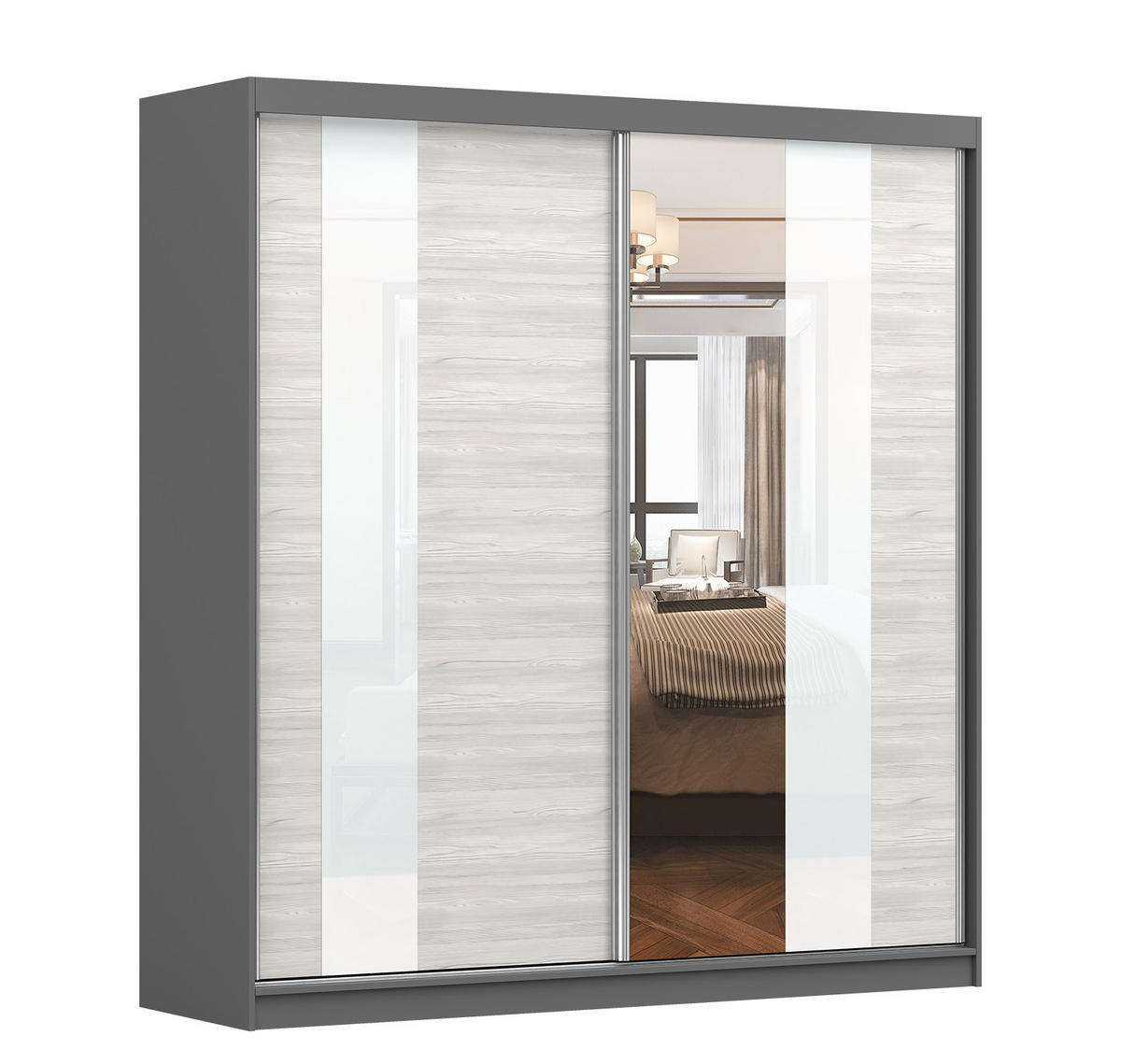 SCHWEBETÜRENSCHRANK Multi 32 Grau Kathult/Weiß, mit LED Beleuchtung 203 cm - Alufarben/Weiß, Glas/Holzwerkstoff (203/218/61cm) - imoebel24