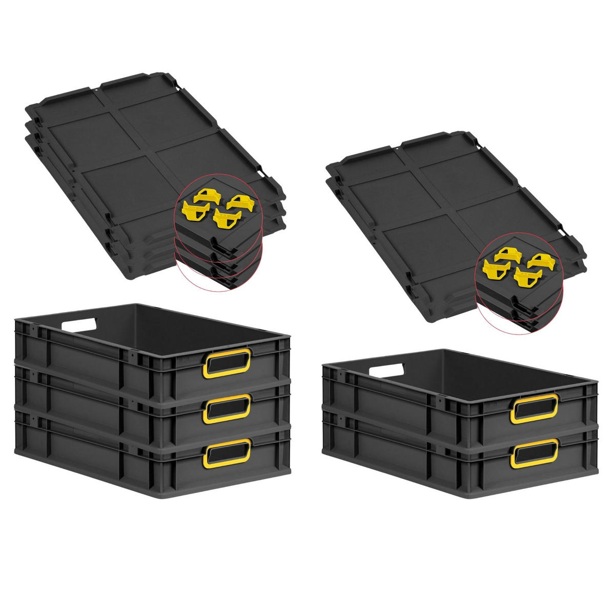 EUROBOX 5x NextGen Color mit Auflagedeckel 12x40x60 cm 23 Liter Schwarz Griffe gelb offen - Gelb/Schwarz, Kunststoff (40/12/60cm) - PROREGAL