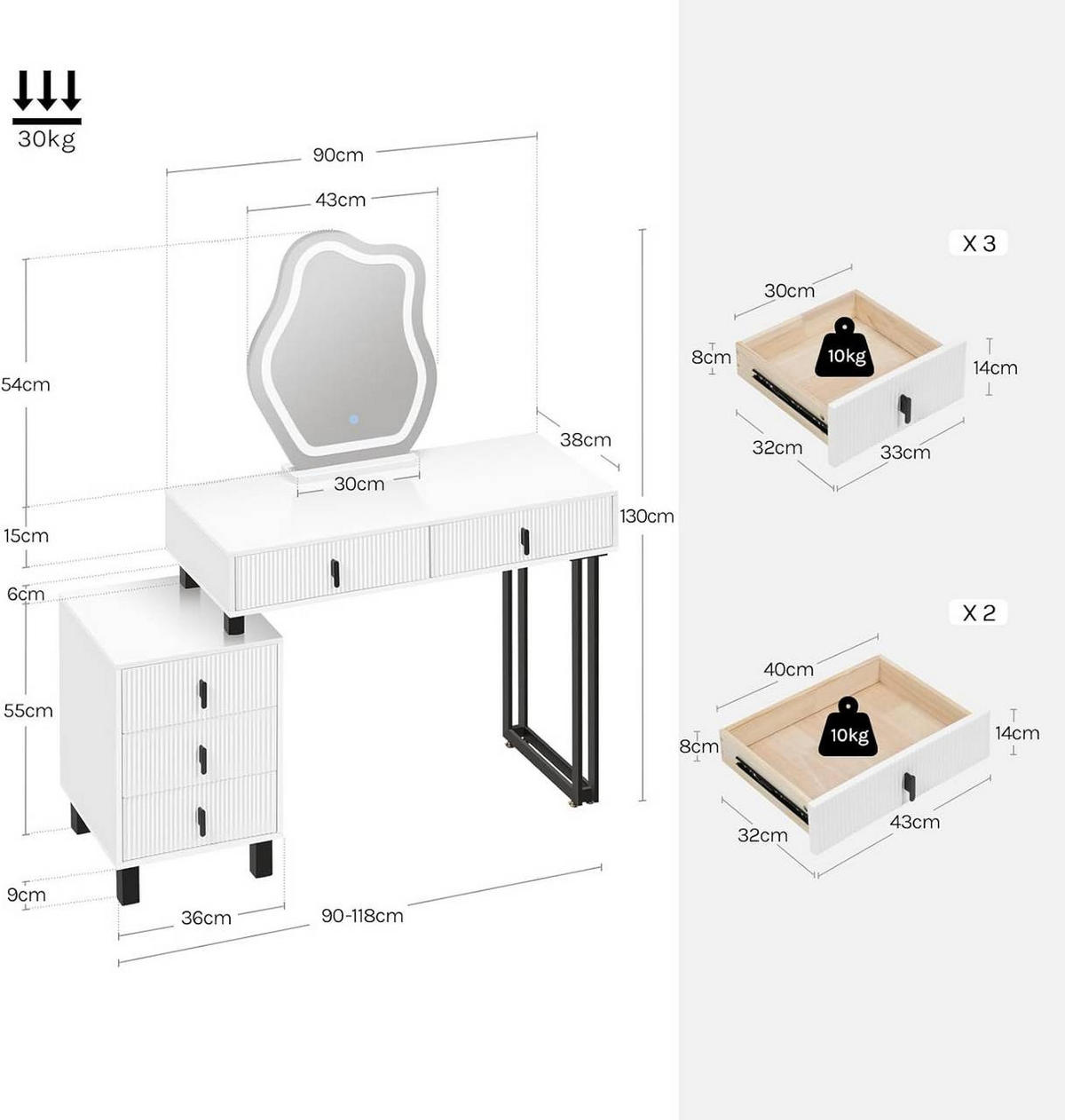 SCHMINKTISCH mit LED, Spiegel, Weiß+Schwarz - Schwarz/Weiß, Glas/Holz (90/130/38cm) - Woltu