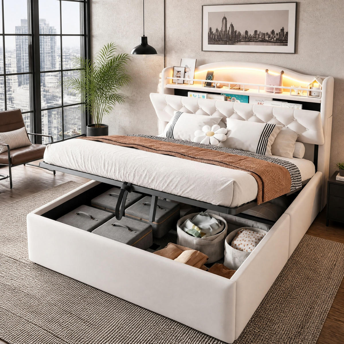 POLSTERBETT 140/200 mit Bettkasten, LED und USB-C-Anschlüssen in Beige - Beige, Holzwerkstoff/Textil (140/200cm) - EVRYAE
